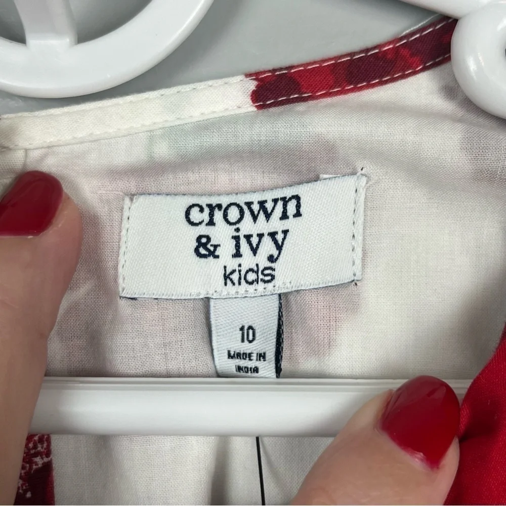 NWT Crown & Ivy kids white red floral 100% cotton bell sleeve dress, size 10.